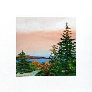 8x8 Maine Original Oil Painting Acadia Sunset Over Cadillac New England Signed